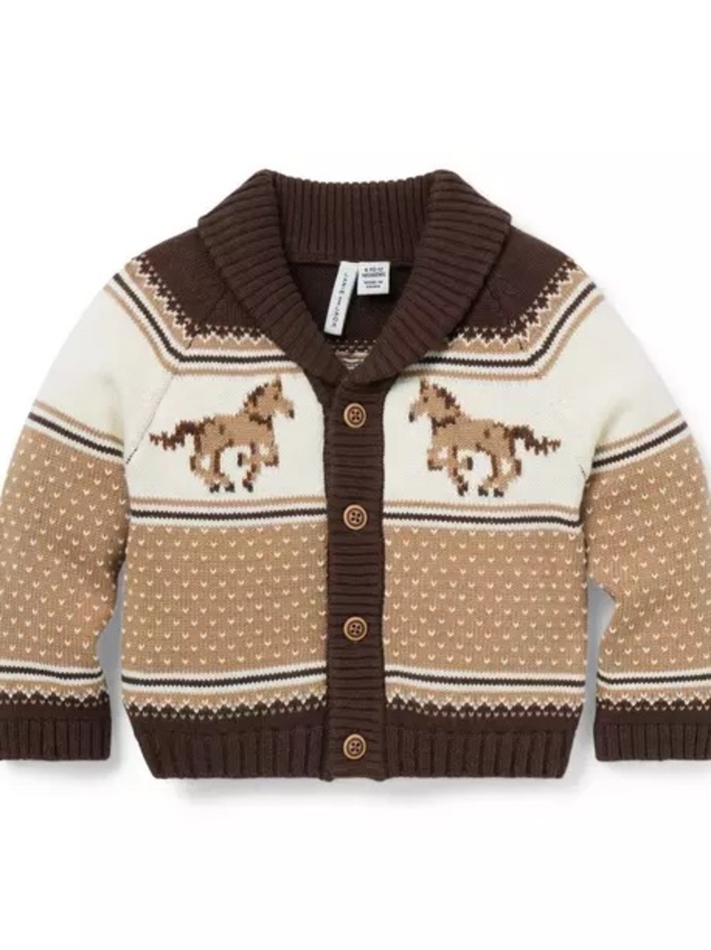 Toddler Shawl Collar Cardigan Sweater - Brown & Cream Horse Motif